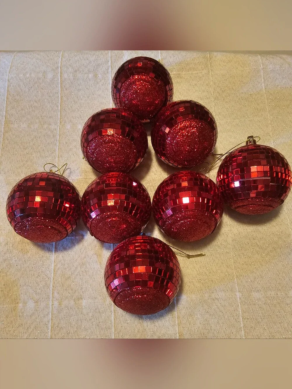Set of 8 Red Mirrored Disco Ball Christmas Ornaments Holiday Tree Decor
